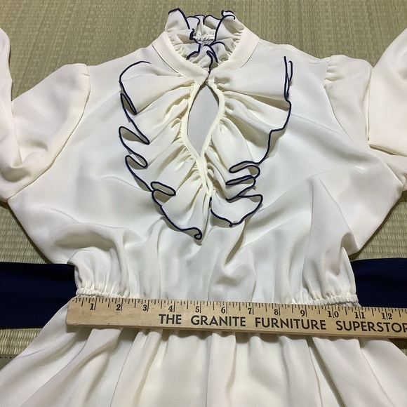 Vintage White Ruffle Dress Blue Trim ILGWU Tag Adolph Schuman for Lilli Ann 70s - Picture 5 of 11